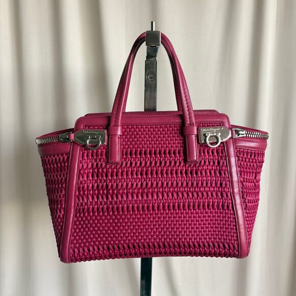 Ferragamo Handbags - Salvatore Ferragamo Verve Pink Woven Satin Tote